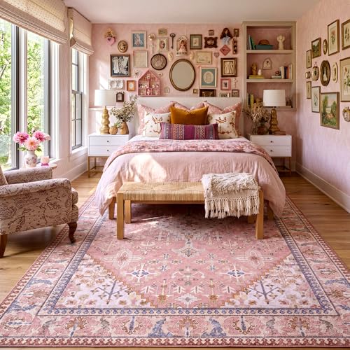 8x10 Area Rugs for Living Room, Machine Washable Low Pile Rug, Non Slip Backing Boho Rugs for Bedroom, Printed Soft Vintage Carpet Peach Pink 8 x 10 - color: 08/Peach/Soft Blush/Thistle/Terracotta, size: 8' x 10' (Rectangular)