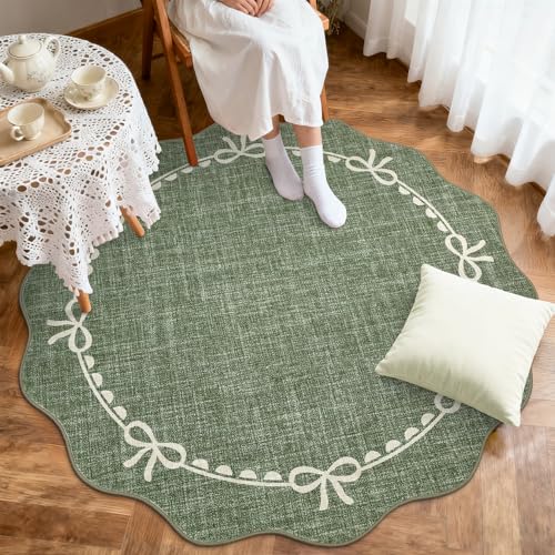 GarveeHome Scalloped Bow Rug for Living Room, 6ft Round Rugs Washable Solid Green Rug for Dorm Soft Low Pile Non Slip Scalloped Rugs for Nursery Bedroom Decor Kids Room Playroom - color: Green, size: 6' (Round)