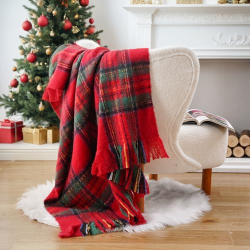 Battilo Christmas Plaid Throw Blanket for Couch Bed, Mohair Red Tartan Plaid Blankets, Soft Cashmere Checkered Pattern, Red Christmas Throw Blankets for Home Decor (50"x60") - color: Christmas Red
