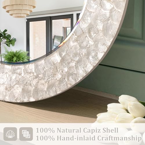 Capiz Shell Round Mirror, 30'' Coastal Mirror with Natural Capiz Seashell Frame, Decorative Circle Wall Mirrors for Living Room Mantel Bathroom Entryway - color: Cream-white, size: 30"L x 30"W