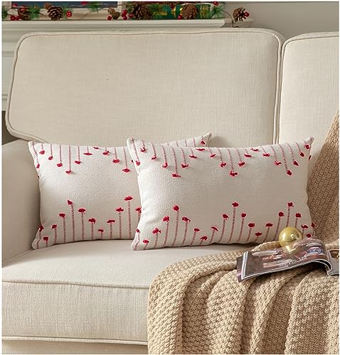 Caflife Boho Christmas Throw Pillow Covers 12x20 Set of 2, Holiday Christmas Decorative Pillow Covers Beige with Red Line for Modern Farmhouse Couch Sofa Bedroom Living Room Outdoor - color: Red Beige, size: 20" x 12" (Pack of 2)