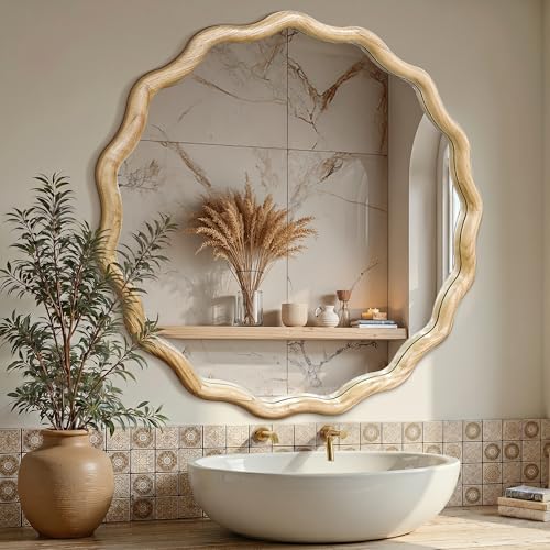 Circle Wood Mirrors for Wall, Wavy Round Bathroom Scalloped Mirror Wooden Frame 30 Inch for Living Room Farmhouse Bedroom Hallway Entryway Living Room with Shatterproof Glass Wall Mounted - size: 30"L x 30"W