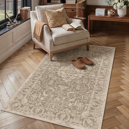 HUGEAR 3x5 Entryway Rug Taupe Machine Washable Rug Small Area Rugs Room Decor Distressed Vintage Indoor Mat Non Slip Low Pile Carpet for Kitchen Living Bedroom Soft Lightweight - color: C| Taupe, size: 3' x 5' (Rectangular)