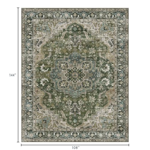 LUXRUG Area Rugs 9x12 Living Room - Large Washable Moss Green Boho Rugs for Bedroom Soft Vintage Rug Ultra-Thin Farmhouse Oriental Carpet Stain Resistant Rug for Dining Room Guest Room Home Decor - color: Moss Green, size: 9' x 12' (Rectangular)