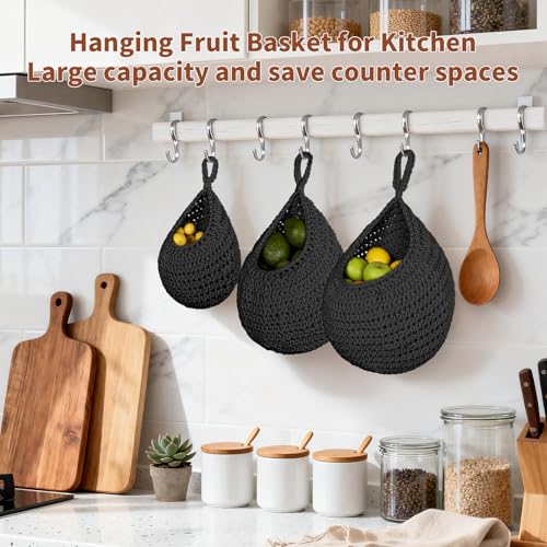 3 Pack Boho Decor Hanging Fruit Baskets for Kitchen, Hand-woven Cotton Wall Storage Hanging Baskets with Hooks 3 Sizes, Hanging Holder Teardrop Produce Basket for Fruit Vegetable Potato Onion, Black - color: Black, size: 3 Pack