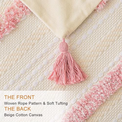 Boho Throw Pillow Covers 20x20 Set of 2 Woven Tufted Farmhouse Pillows Cover with Tassels Textured Striped Cushion Case Neutral Pillow Cases Decorative Pillowcase for Sofa, Couch, Bed, Pink - color: Pink, size: 20" x 20" (Pack of 2)