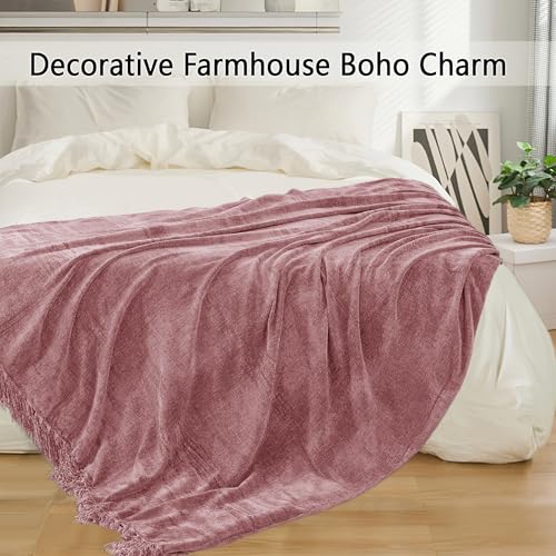 Chenille Throw Blanket for Couch 50"X 60", Soft Cozy Throws with Fringe Tassel for Bed Sofa Chair Cover, Lightweight Knitted Decorative Boho Blankets for Living Room, Mauve - color: Mauve, size: 50x60 inch