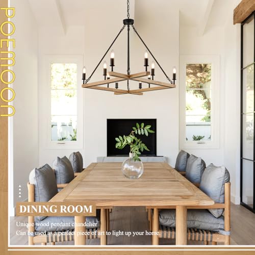 Farmhouse L53'' Wooden Square Chandelier Natural 10-Light Rustic Rectangular Candle Chandeliers Long Ceiling Pendant Lighting for Living Dining Room Foyer Kitchen Bedroom High Ceiling,E12 - color: Natural, size: 53 inches