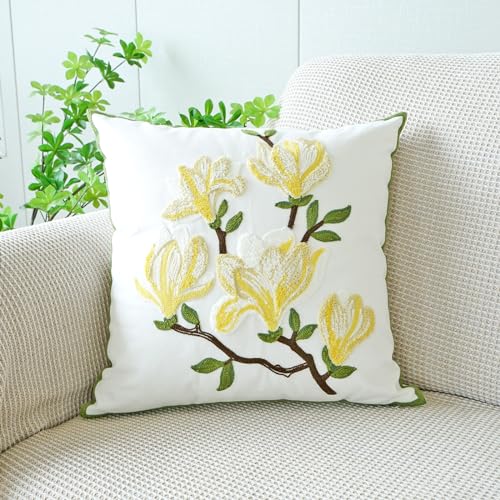 vctops Farmhouse Magnolia Flower Cotton Tufted Throw Pillow Cover Spring Floral Embroidery Pillowcase Soft Square Cushion Case for Sofa Couch Bed Chair (Yellow E,18"x18") - color: Yellow E