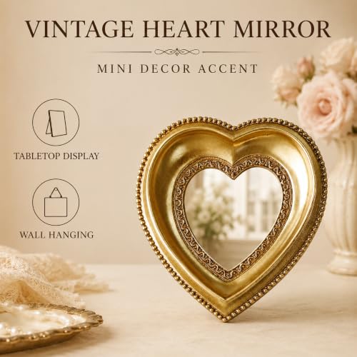 Golden Mini Vintage Mirror with Exquisite Relief Elegant Wall Decor for Bedroom Dresser Table Compact Resin Retro Design (Heart, 4.3X4.3) - color: Heart