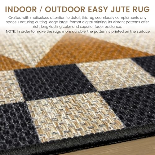 Washable Checkered Easy Jute Rug 3x5, Brown Black Checkerboard Geometric Outdoor Indoor Patio Small Rugs, Woven Non Slip Thin Neutral Carpet Door Mat for Bedroom Entryway Front Door Farmhouse - color: Checkerboard -4 Brown Black, size: 3' x 5'