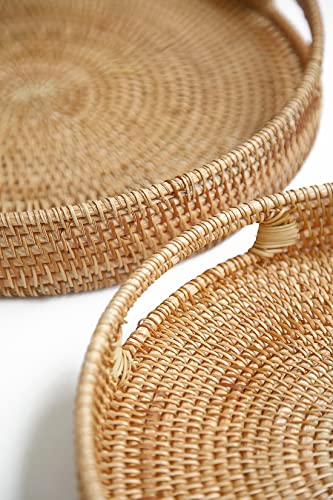 HITOMEN 11.8" Hand-Woven Round Rattan Serving Tray Decorative Wicker Trays with Handles for Coffee Table (Natural-M) - color: Natural, size: Medium (11.8 inches)
