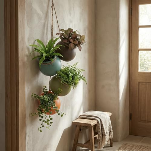 MyGift Dangling Southwest Desert Color Ceramic 4 Pot Set, Wall or Ceiling Mount Hanging Mini Flower Planters