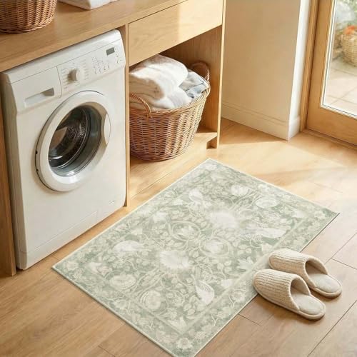 SIRIS 2x3 Small Washable Rug, Symmetrical Botanical Floral Entryway Rug, Vintage Low-Pile Non-Slip Door Mat for Indoor Foyer, High-Traffic Kitchen Sink Laundry Room, Sage Green - color: Siris Sage Green, size: 2' x 3' (Rectangular)