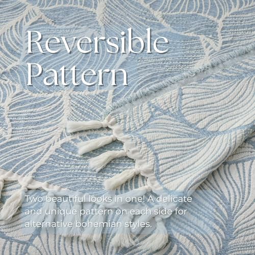 DOWN HOME Chenille Cotton Throw Blanket for Couch, Lightweight Boho Blanket for Bed Sofa Chair Living Room Outdoor Soft Woven Decorative Blanket with Tassel Gift Blue Leaves 55"x60" - color: Blue, size: 55"x60"