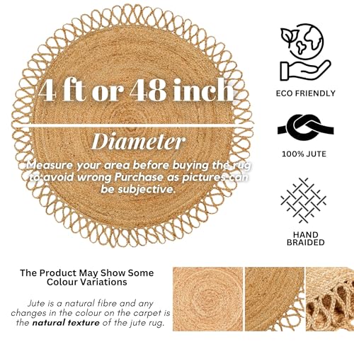 Hand Woven Braided Jute Rug - 4' Round - Reversible Farmhouse Dining Room Rug, Living Room, Bedroom, Kitchen - Natural Decorative Floor Circle Boho Entry Area Rugs - 4 Foot Round Rug - color: Natural 2, size: 4' (Round)