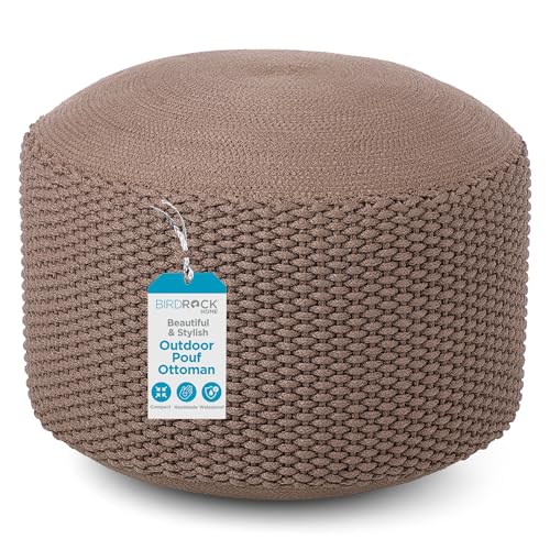 BIRDROCK HOME Outdoor Pouf Ottoman | Hand Woven Waterproof Foot Stool with Bead Bag Filling | Boho Foot Rest for Patio, Living Room, Porch & Outdoor Seating | Lightweight, Soft Stuffed Chair | Brown - color: Brown