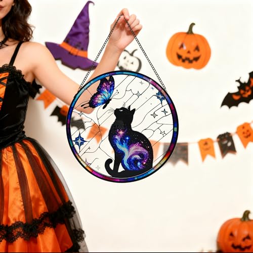 Black Cat Stained Glass Window Hanging, 9.8'' Black Cat & Butterfly with Nebula Design Suncatcher Indoor Outdoor Home Decor for Cats Lovers, Gift for Halloween - color: Black Cat