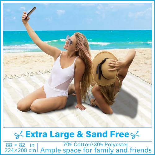 Vikumond Oversized Turkish Beach Towel Blanket XXL Cotton Sandproof Towels Boho Woven Extra Large Big Sand Free Giant Throw Blankets Huge Quilt XL Picnic Camping Necessities Cloud for Adult Gifts - color: Z Ubeige Vertical Stripe, size: Xxxl(88x82 In,224x