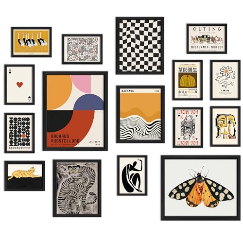 ANERZA 16 PCS Framed Eclectic Wall Art Decor, Modern Maximalist Wall Prints for Bedroom, Vintage Gallery Wall Frame Set, Bauhaus Funky Posters for Home Decor, Retro Abstract Dorm Collage Kit - color: Orange, size: 12"x15" Framed