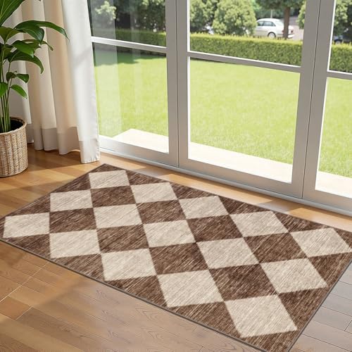 Front Door Mat Indoor Entrance - 2x4.3 Ft Brown Beige Non-Slip Washable Outdoor Porch Rug Doormats Geometric Checkered Diamond Runner Rug for Front Door Kitchen Hallway Bedroom Laundry Room - color: Diamond - Brown Beige, size: 2' x 4'3" (Rectangular)