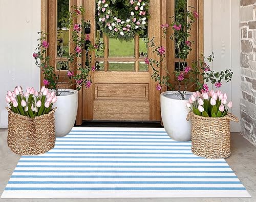 Light Blue and White Outdoor Rug 3'x5',Machine Washable Striped Porch Rug Cotton Woven Farmhouse Front Door Mats for Porch/Entryway/Home Entrance Decor/Bedroom/Laundry Room/Patio/Front Door - color: Blue White, size: 3' x 5' (Rectangular)