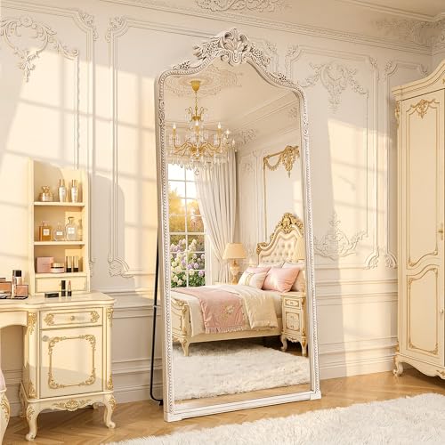 Wall Mount Arched Full Length Mirror,71"x32" Traditional Ornate Vintage Floor Standing Frame for Bedroom Body Hanging Leaning,Baroque Antique Vintage Long Mirrors for Wall,Decor, Living Room, Bedroom - color: Exquisite Silver