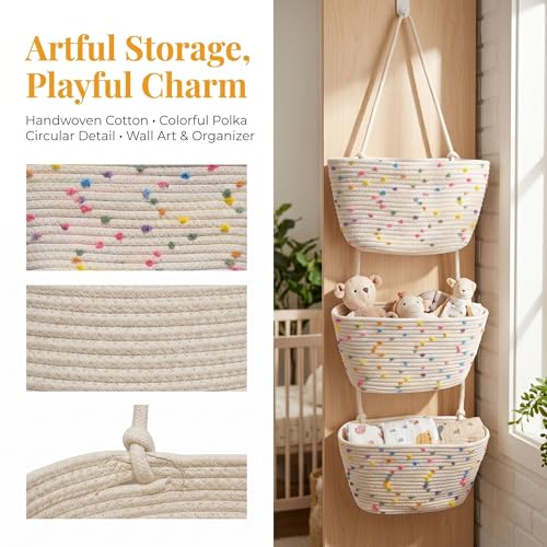 3-Tier Woven Cotton Rope Hanging Basket, Over the Door Organizer, Adjustable Detachable Wall Basket with Metal & Adhesive Hooks, No Drilling for Playroom, Kids Bedroom & Nursery Toy Storage - style: Colorful Dots