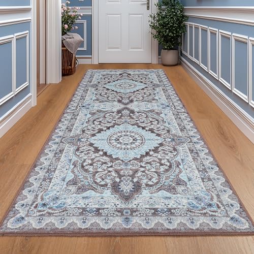 Foxmas Hallway Runner Rug, 2x6 Vintage Kitchen Runner Area Rugs Non Skid Washable, Low Pile Throw Rugs with Rubber Backing Carpet for Laundry Room Entryway Bedroom Home Decor, Brown - color: Brown/Blue, size: 2' X 6' (Runner)