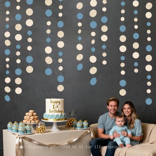 Champagne Gold Dusty Blue Beige Circle Dot Garland Hanging Paper Polka Dot Streamer for Men Boy Birthday Baby Shower Wedding Bridal Shower Retirement Engagement Bachelorette Party Decorations Supplies - color: Dusty Blue Champagne