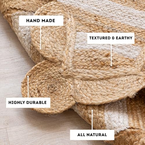 HOMEMONDE Scalloped Jute Area Rug 6'x9' Natural Stripe - Boho Home Décor Farmhouse Style Eco-Friendly Fiber Rug Hand Braided Rustic Vintage for Living Room, Bedroom, Dining Room, Hallway, Kitchen - size: 6' x 9' (Rectangular)