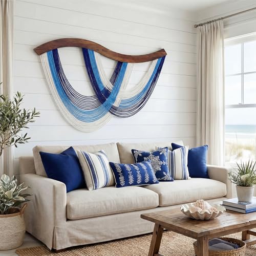 Mindsoft Navy Blue Macrame Wall Hanging Dip Dyed Yarn Wall Art, Boho Decor Handmade Cotton Rope Tapestry for Bedroom, Living Room, Nursery, 31.5 x 23.6 Inch - color: Navy Blue