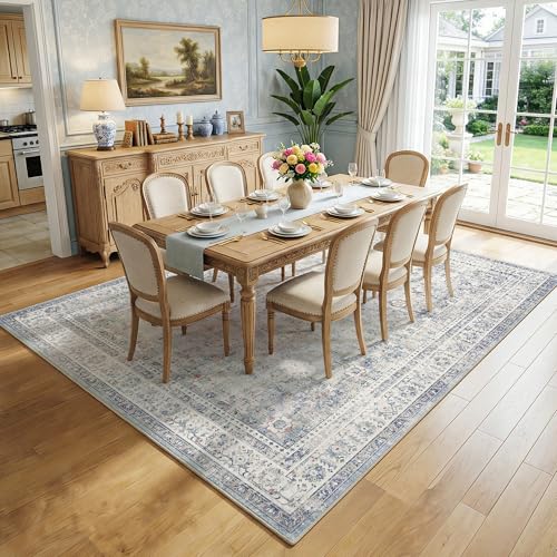FMFUNCTEX 8x10 Washable Area Rug Blue Neutral Vintage Distressed Oriental Large Non Slip Carpet for Living Room Bedroom Traditional Retro Soft Low Pile Indoor Rugs for Dining Room Office Nursery - color: Blue, size: 8' x 10' (Rectangular)