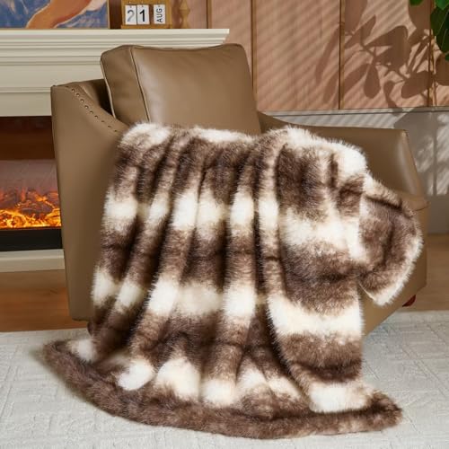Luxury Fluffy Faux Fur Throw Blanket,Thick Fluffy Silky Fuzzy Cozy Blanket,Plush Blankets for Couch, Sofa, Chair, Bed-Faux Fur Brown Stripe 50 * 60inch - color: Faux Fur Brown Stripe, size: Throw (50" x 60")