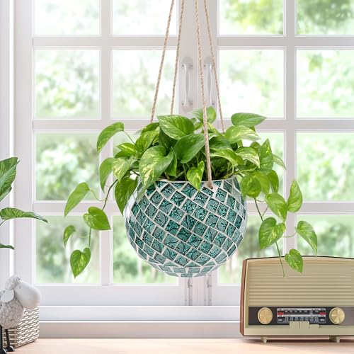 Ceramic Hanging Planter Mosaic Hanging Flower Pot Small Plant Pot for Indoor Plant Disco Ball Planter with Drainage - color: Square Green