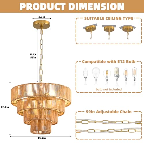Boho Pendant Light Fixtures,15.7" Rattan Hanging Lamp for Kitchen Island,5-Light Hand-Woven Chandelier Height Adjustable,Natural Wicker Lamps for Dining Room Living Room Bedroom Hallway Entryway,Brown - color: 15.7" Brown