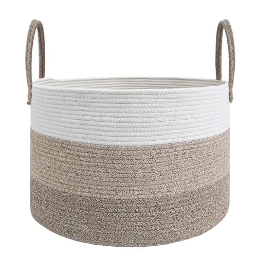JMvicyroam 65L Extra Large Blanket Basket for Living Room - Woven Cotton Rope Laundry Hamper with Reinforced Handles - Storage Bin for Pillows, Comforters & Toys - Machine Washable,White&Brown Mix - color: White&Brown Mix, size: 65L