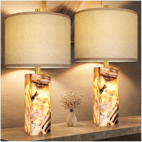 Scenekoy 23" Modern Alabaster Table Lamps Set of 2 with Night Light for Bedroom, Rotary Switch, Bedside Lamp with Linen Shade, Brown Table Lamp for Living Room Nightstand Office (Bulb Included) - color: Brown