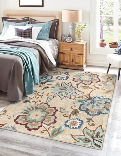 Beeiva Floral 5x7 Living Room Rugs, Non Slip Vintage Washable Beige Rug for Living Room, Paisley Bedroom Carpet with Rubber Backing Ultra Thin Carpet for Dining Room Office - color: Cream, size: 5' x 7' (Rectangular)