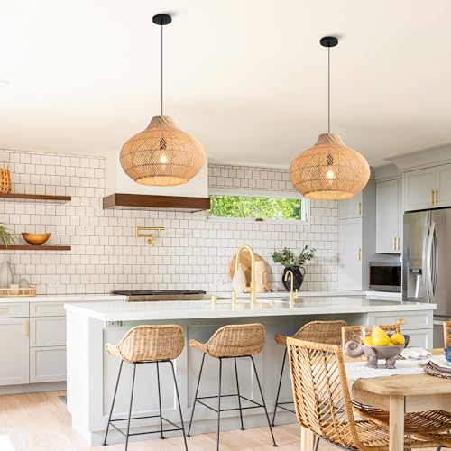 Boho Rattan Pendant Light, 13.8" Handwoven Wicker Hanging Light Fixture with Adjustable Cord, Natural Bamboo Chandelier Ceiling Lamp for Kitchen Island, Dining Room, Bedroom, Living Room, E26 Base - color: D3032