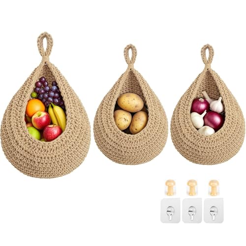 Halidali Hanging Fruit Baskets for Kitchen, 3 Pack Boho Cotton Rope Handwoven Vegetable Storage Wall Mounted Large Organizing Basket for Farmhouse Decor, Onion, Potato, Garlic and Plants (Linen) - color: Linen