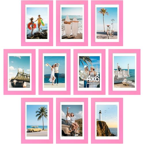 decorUhome 4x6 Picture Frame Set of 10, Display Photos 3.5x5 with Mat or 4x6 Unmatted for Picture Frames Collage Wall Decor, Pink - color: Pink, size: 4x6