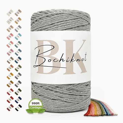 BOCHIKNOT Single Strand Macrame Cord 3mm x 330yds (300m) – Soft Cotton Macrame Rope for Beginners, Easy to Knot for Wall Hangings, Plant Hangers, Fringe and DIY Crafts (Silver Fox) - color: Silver Fox, size: (3mm x 302m) - Single Strand Twist