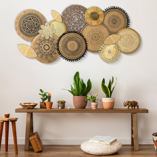 Xuhal 15 Pcs Boho Wall Basket Decor Handcrafted Seagrass Woven Wall Basket Rustic Round Woven Hanging Art for Home Farmhouse Kitchen Table Living Room(Mixed Colors Style) - style: Mixed Colors Style