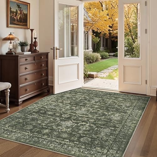 4x5 Green Washable Area Rugs for Living Room Vintage Boho Non Slip Rug Distressed Floral Carpet Indoor Retro Soft Low Pile Farmhouse Throw Rug for Bedroom Dining Room Nursery Office - color: Dark Green, size: 4' x 5' (Rectangular)
