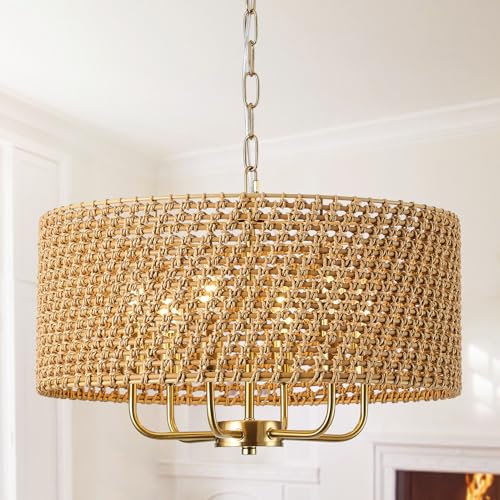 20" Large Boho Rattan Chandeliers for Dining Room, 6-Light Rattan Hand-Woven Drum Wicker Farmhouse Chandelier Large Vintage Chandelier Pendant Light Fixture for Kitchen Island Entryway(Gold) - color: B-Gold 6-Light 20" Drum