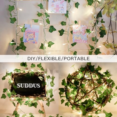 suddus Vine with Fairy Lights Plug in, 33ft 100 LED Ivy String Lights Connectable with Remote, Leaf Light for Bedroom, Room, Wall, Garden, Party, Wedding Dorm Decor (Warm White) - color: IVY, size: 100 LED-Plug-Clear Wire