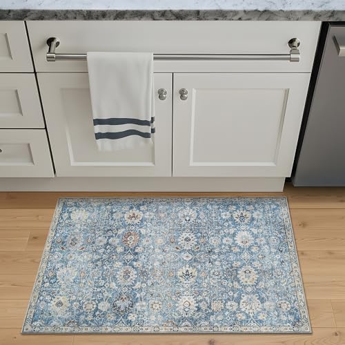 Bloom Rugs Washable Non-Slip 2x3 Rug - Blue/Beige Traditional Oriental Area Rug for Living Room, Bedroom, Dining Room, and Kitchen - Exact Size: 2' x 3' - color: Blue / Beige, size: 2' x 3' (Rectangular)