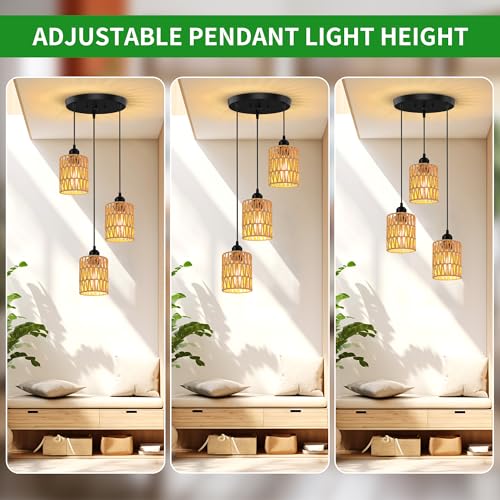 3 Light Pendant Lighting, Farmhouse Hanging Light Fixture for Kitchen Island & Dining Room, Industrial Vintage Ceiling Lamp with E26 Base, Adjustable Height, Rattan Pendant Light - color: Round Base – Rattan Pendant