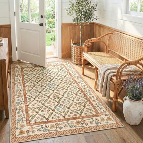 jinchan Haden 4x6 Floral Area Rug Vintage Cottage Decor Soft Non-Slip Low Pile Washable for Bedroom Dining Room Home Office Apartment Small Living Room Carpet Terracotta - color: Terracotta, size: 4' x 6' (Rectangular)